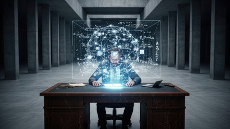 Businessman sitting at desk with global network hologram 3D renderingの素材