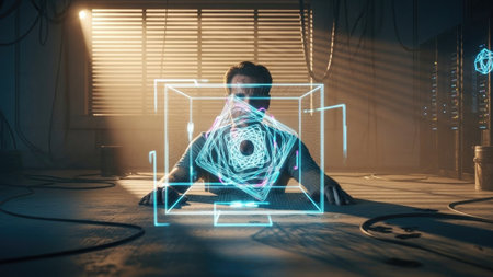 Digital composite of Man playing with futuristic interface in dark room with flareの素材