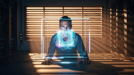 Cyber security theme hologram with young man in dark room 3D renderingの素材