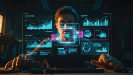 Man working on computer in dark office at night with glowing hologram screensの素材