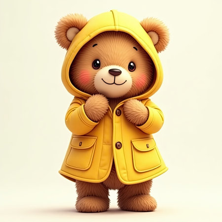 Cute teddy bear in yellow raincoat on white background.の素材