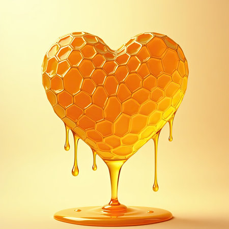Honey dripping from a honeycomb to a heart. 3D Renderの素材