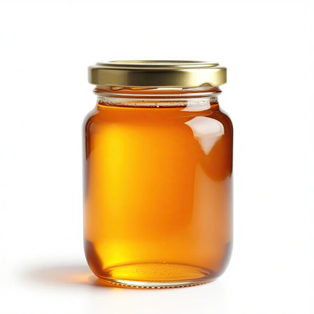 Honey in glass jar isolated on white background. 3d illustrationの素材