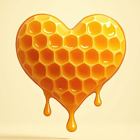 Honey dripping from a honeycomb in the shape of a heart. 3D illustration.の素材