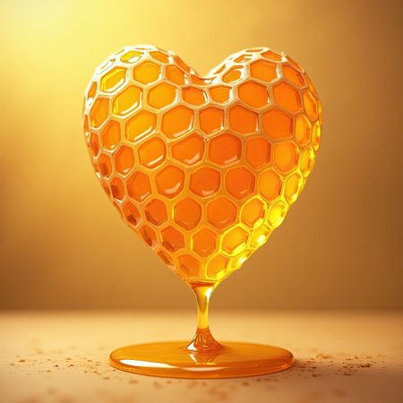 Heart made of honeycombs on yellow background. 3d illustrationの素材