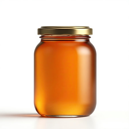 Honey in a glass jar on a white background. 3d renderingの素材