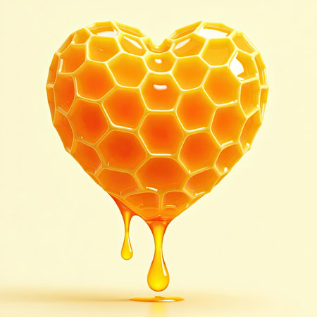 Honey dripping from a heart shaped honeycomb. 3D renderingの素材