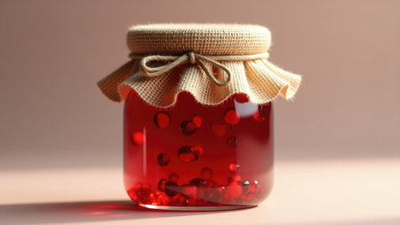 Glass jar of jam with heart-shaped beads on a light backgroundの素材