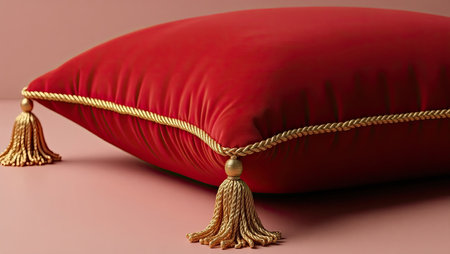 Red pillow with golden rope on a pink background, close-upの素材