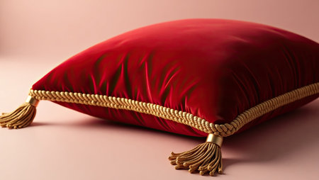 Red velvet pillow on a pink background. Close-up image.の素材