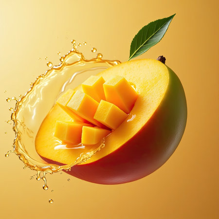 Mango fruit in water splash on yellow background. 3d illustrationの素材