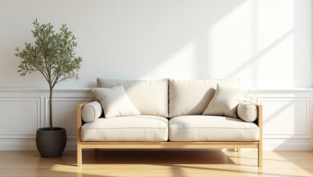 interior with white sofa and plant, 3d render illustration mock upの素材