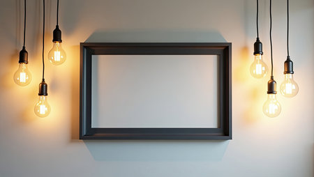 Black frame hanging on the wall with lamp. 3d rendering.の素材