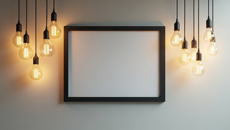 Black frame hanging on the wall with lamps. 3d rendering.の素材