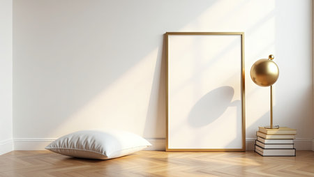 Interior of modern living room with white walls, wooden floor, white sofa and golden lamp. 3d rendering mock upの素材