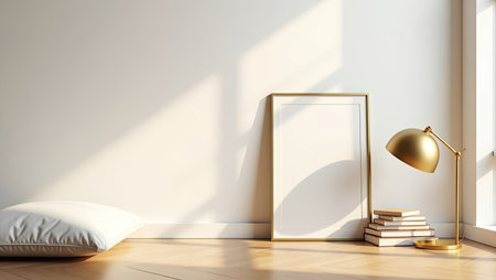 Interior of modern living room with white walls, wooden floor, comfortable white bedside table with soft pillows and picture frame. 3d rendering mock upの素材