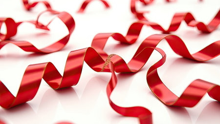 Red ribbon on a white background. Shallow depth of field.の素材
