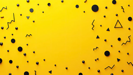 3d render of black and white geometric shapes on yellow background.の素材