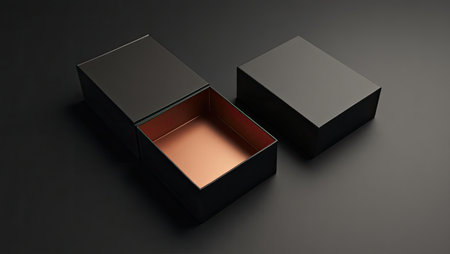 Black and black boxes on black background. 3D rendering illustration.の素材