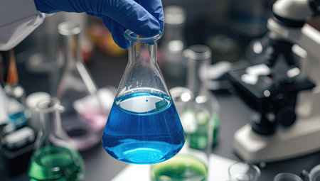 Laboratory glassware with blue liquid in scientist hand, science research and development conceptの素材