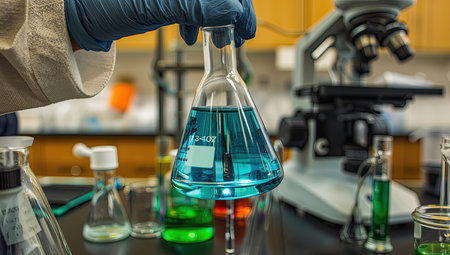 Laboratory glassware with blue liquid in the hands of a scientistの素材