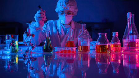 scientist in protective suit and glasses working with reagents in laboratoryの素材