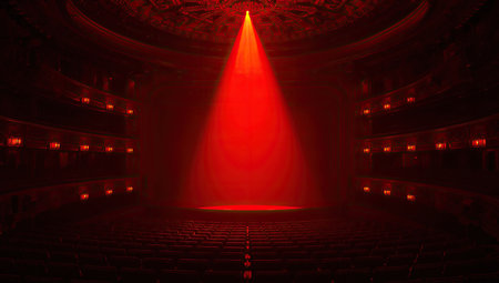 Red stage with spotlights in the auditorium. 3d renderingの素材