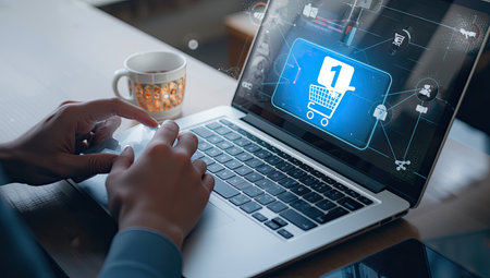 Shopping Cart icon on virtual screen. E-commerce and online shopping concept.の素材