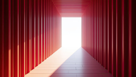 Bright red corridor with light in the end. 3D Renderingの素材
