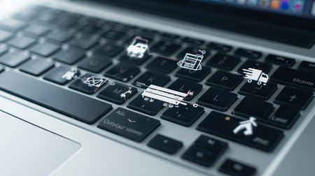 Online shopping concept with icons on laptop keyboard. 3d illustration.の素材