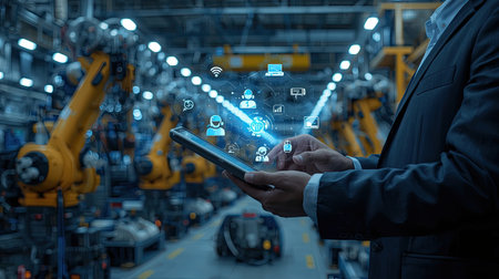 Smart industry robot arm system for innovative factory technology. Automation manufacturing robot controlled by industry engineering using IOT software connected to internet network.の素材