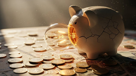 Piggy bank and lightbulb on the background of coinsの素材