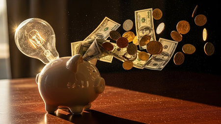 Light bulb and piggy bank with money flying in the air, saving money conceptの素材