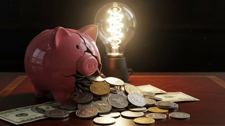 Piggy bank with coins and light bulb on dark background.の素材