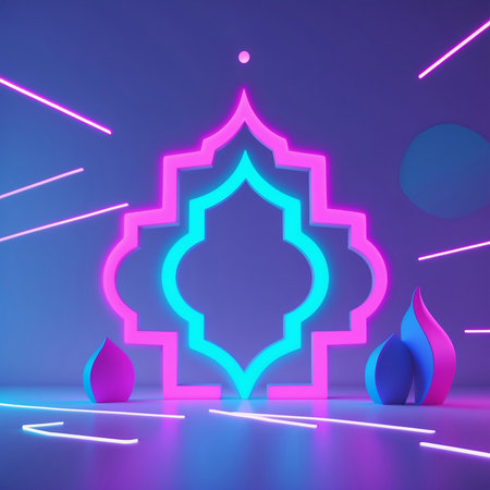 Ramadan Kareem. Abstract neon background. 3d rendering.の素材