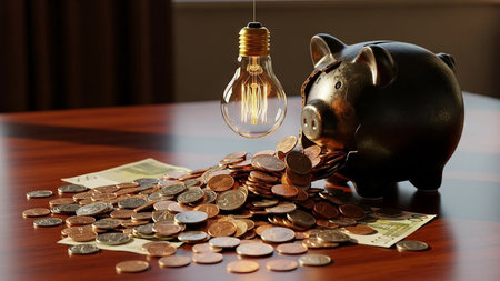 Piggy bank with coins and lightbulb on the tableの素材