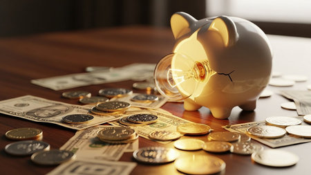 Piggy bank with light bulb on wooden table, closeupの素材