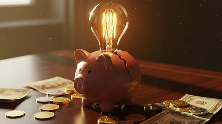 Light bulb with piggy bank and coins on wooden table, closeupの素材