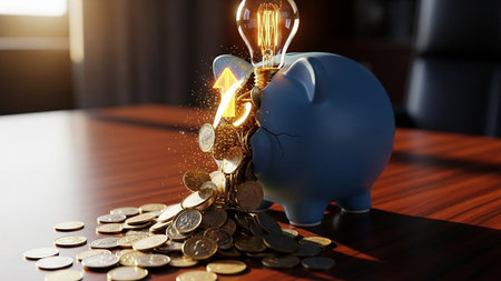 Light bulb and piggy bank with coins on table. 3d renderingの素材