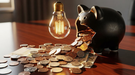 Piggy bank with coins and light bulb on table, closeupの素材