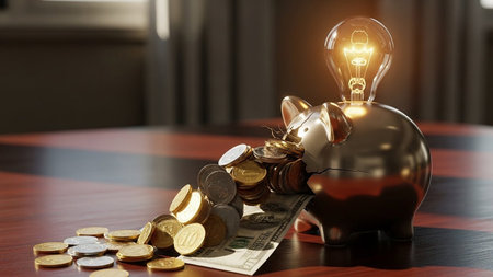 Lightbulb and piggy bank with coins on the table.の素材