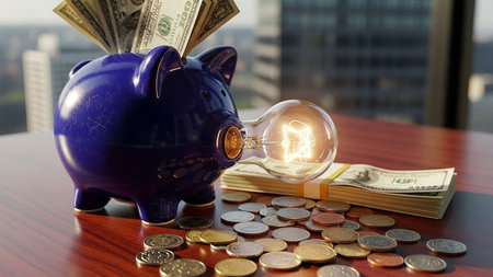 Lightbulb in a blue piggy bank with dollars and coinsの素材