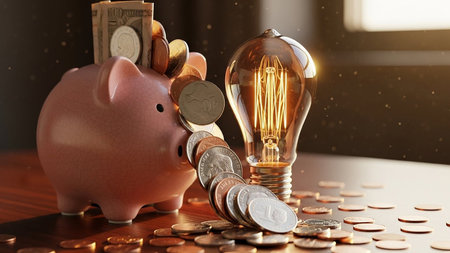 Light bulb and piggy bank with coins on table, concept of saving moneyの素材
