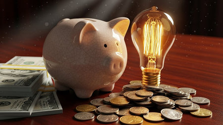 Piggy bank with light bulb and money on the wooden tableの素材