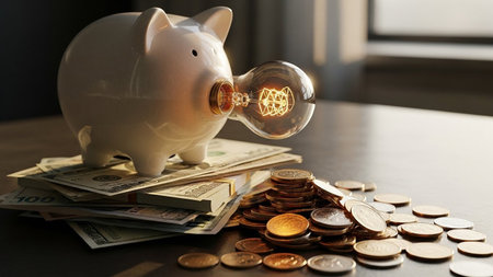 Piggy bank with light bulb and money on table, closeupの素材