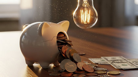 Piggy bank with coins and lightbulb on table in officeの素材