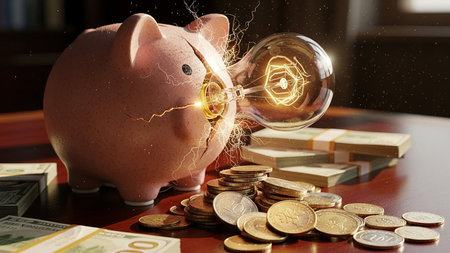 Piggy bank with lightbulb and money concept. 3D renderingの素材