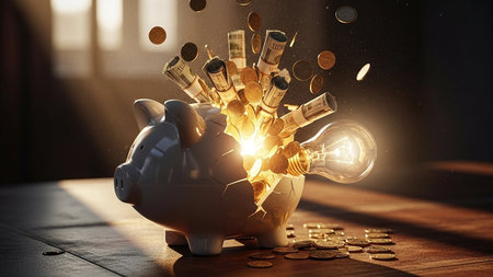 Piggy bank with glowing light bulb and money flying in itの素材