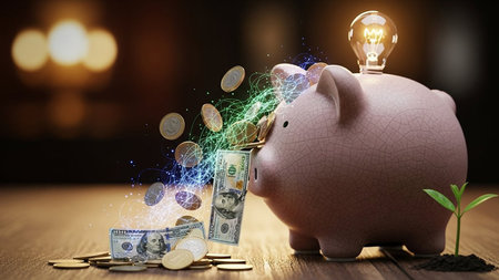 Piggy bank with glowing light bulb and coins on dark backgroundの素材