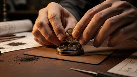 Watchmaker repairing a clockwork in his workshop, close-upの素材